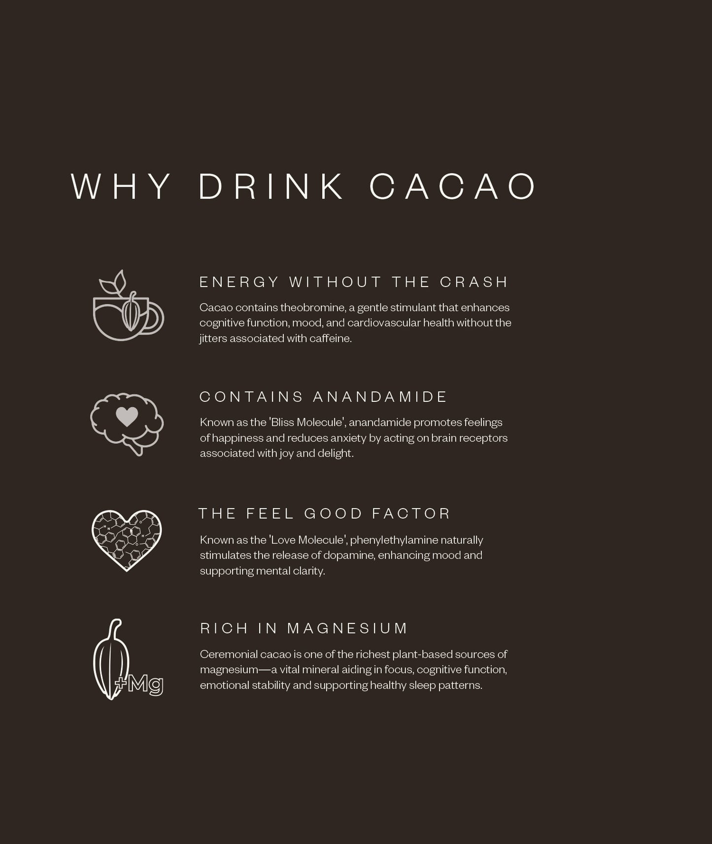 Infographic on the benefits of drinking cacao on a dark background