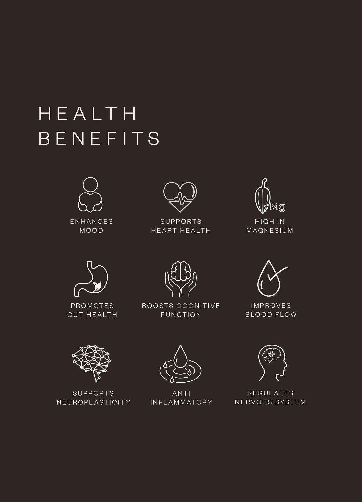 Alma Cacao Health benefits listed with corresponding icons on a dark background