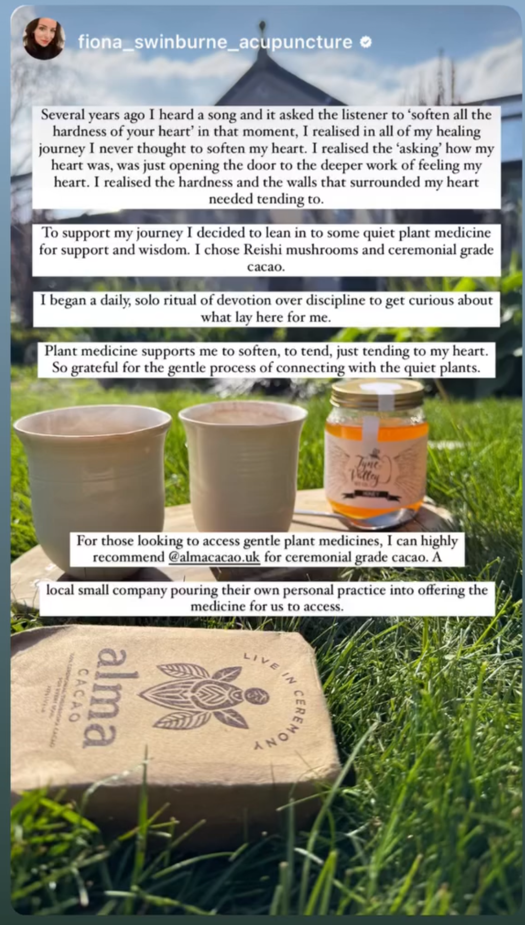 Ceremonial grade cacao with a stone and text overlay on a grassy background. UGC Review
