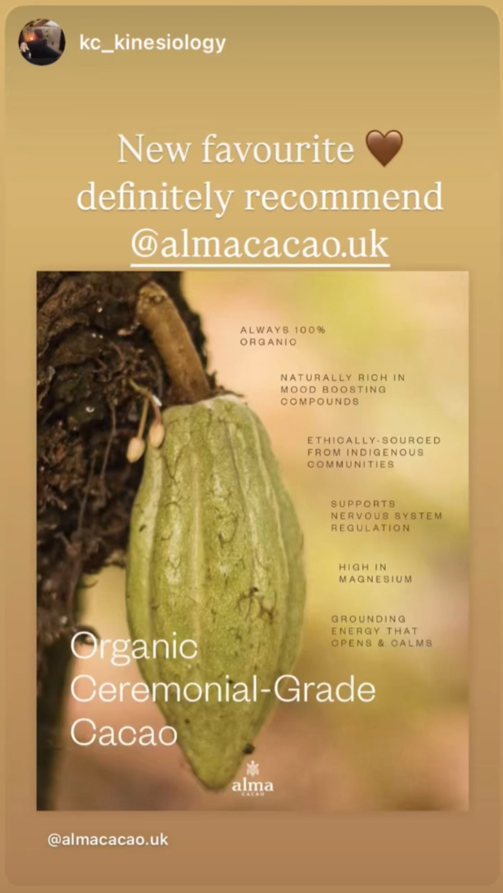 Promotional image of organic ceremonial-grade cacao with text and branding.