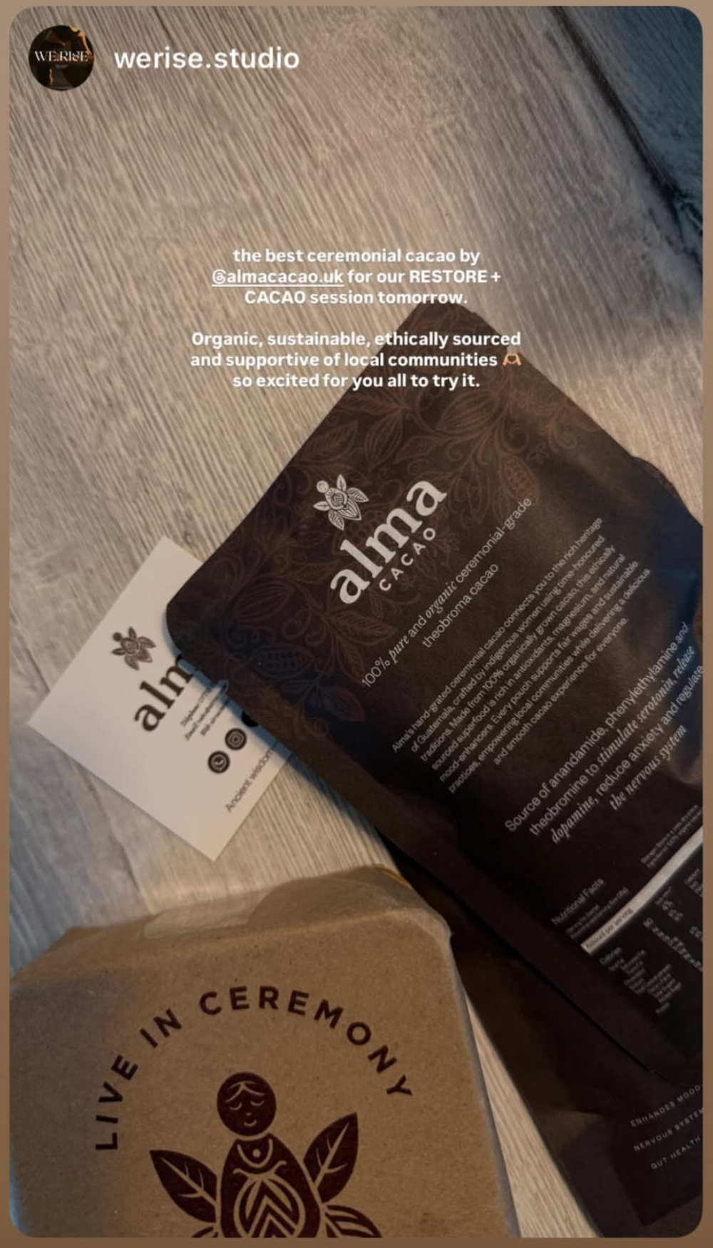Alma eco product packaging with a 'Live in Ceremony' card on a textured surface. UGC Review