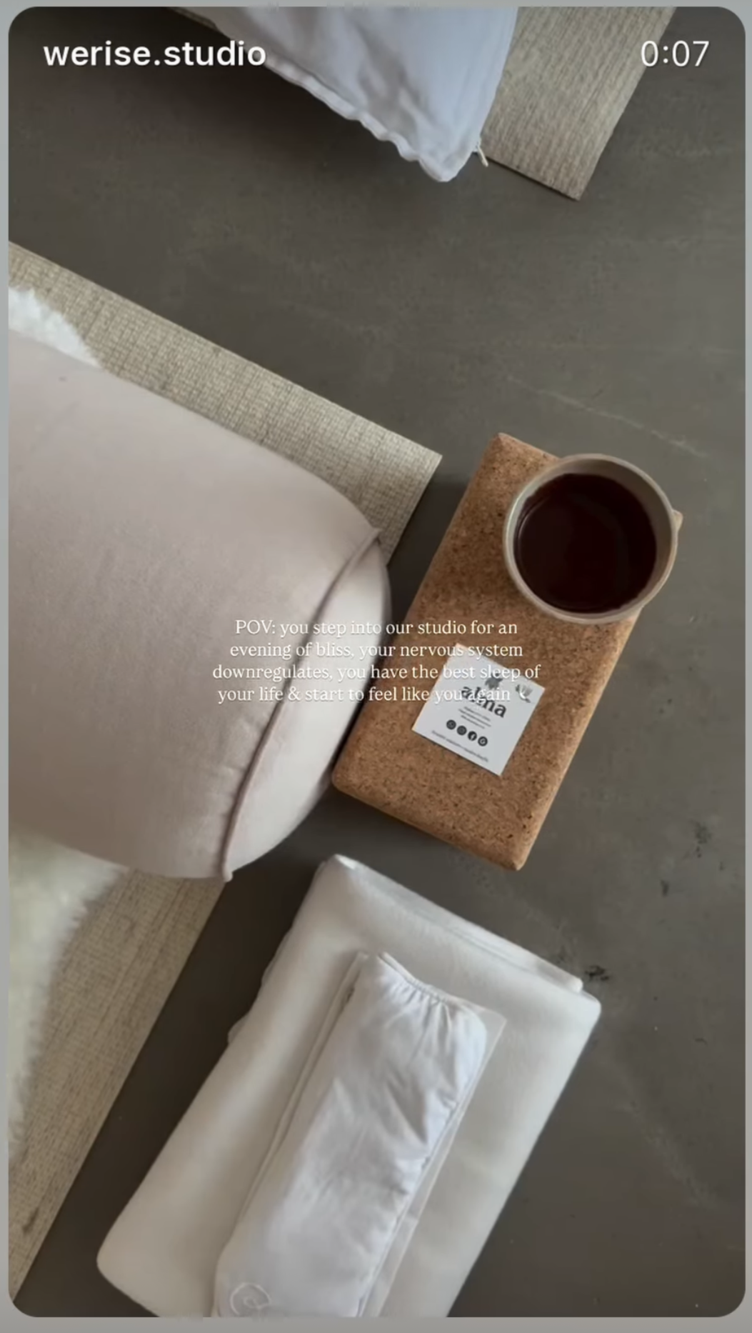 Cacao cup on a block in wellness studio. UGC review