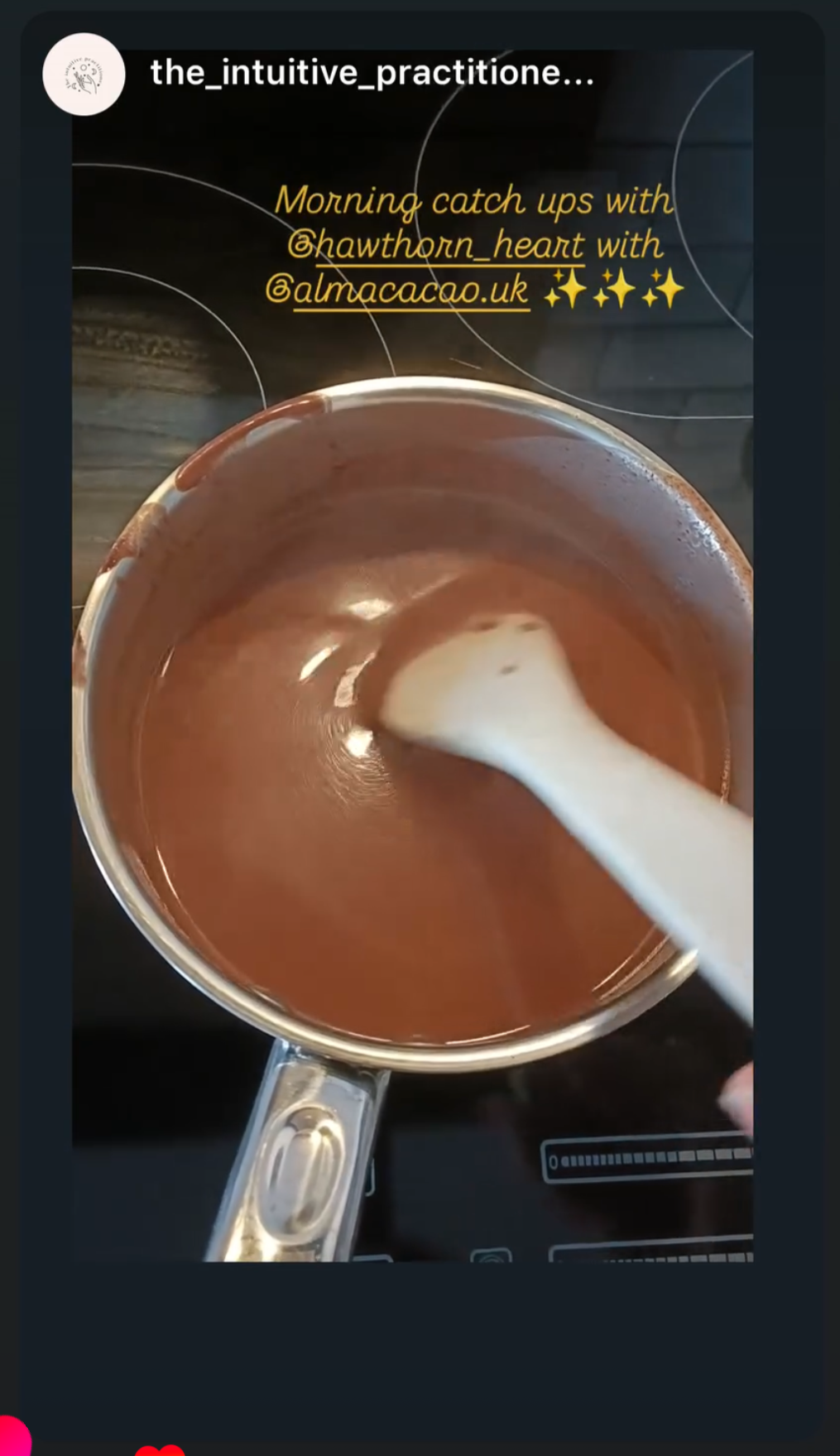 Stirring chocolate in a saucepan on a stove with social media text overlay.