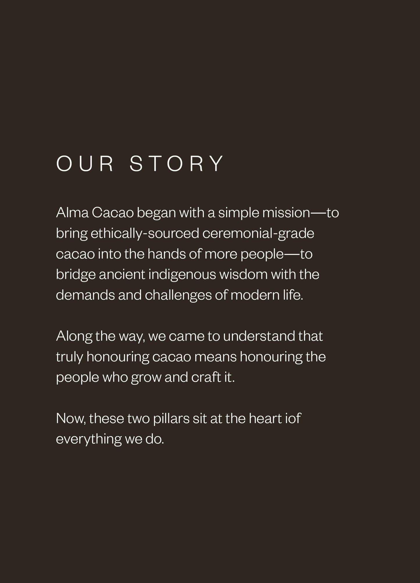 Text on a black background about Alma Cacao's mission and values.