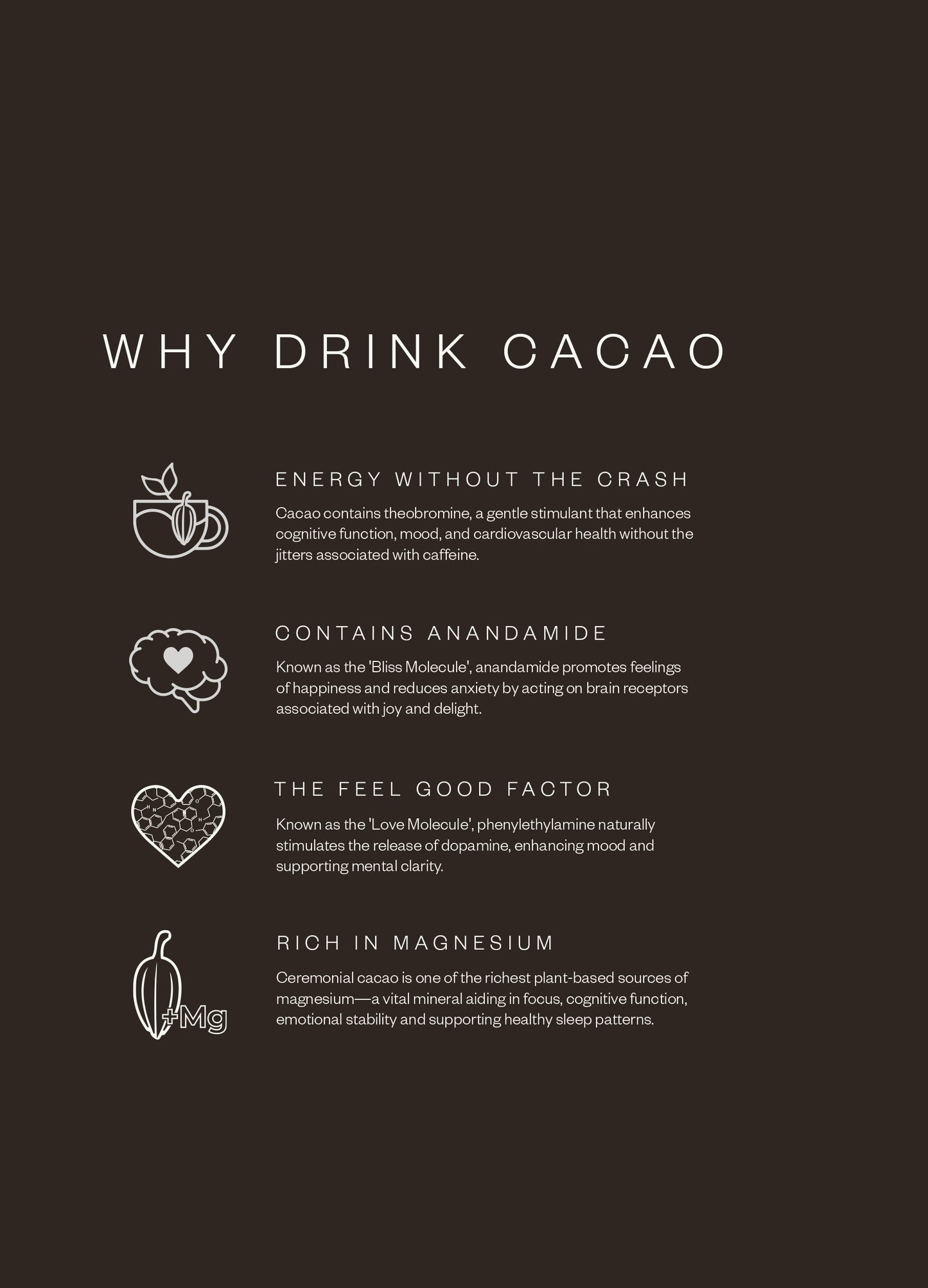 Black background with white text listing reasons to drink cacao