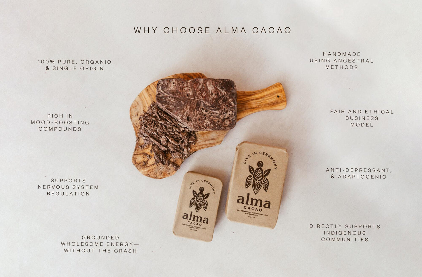 Alma Cacao products with a wooden board and cacao bar on a light background with text 'why choose cacao'